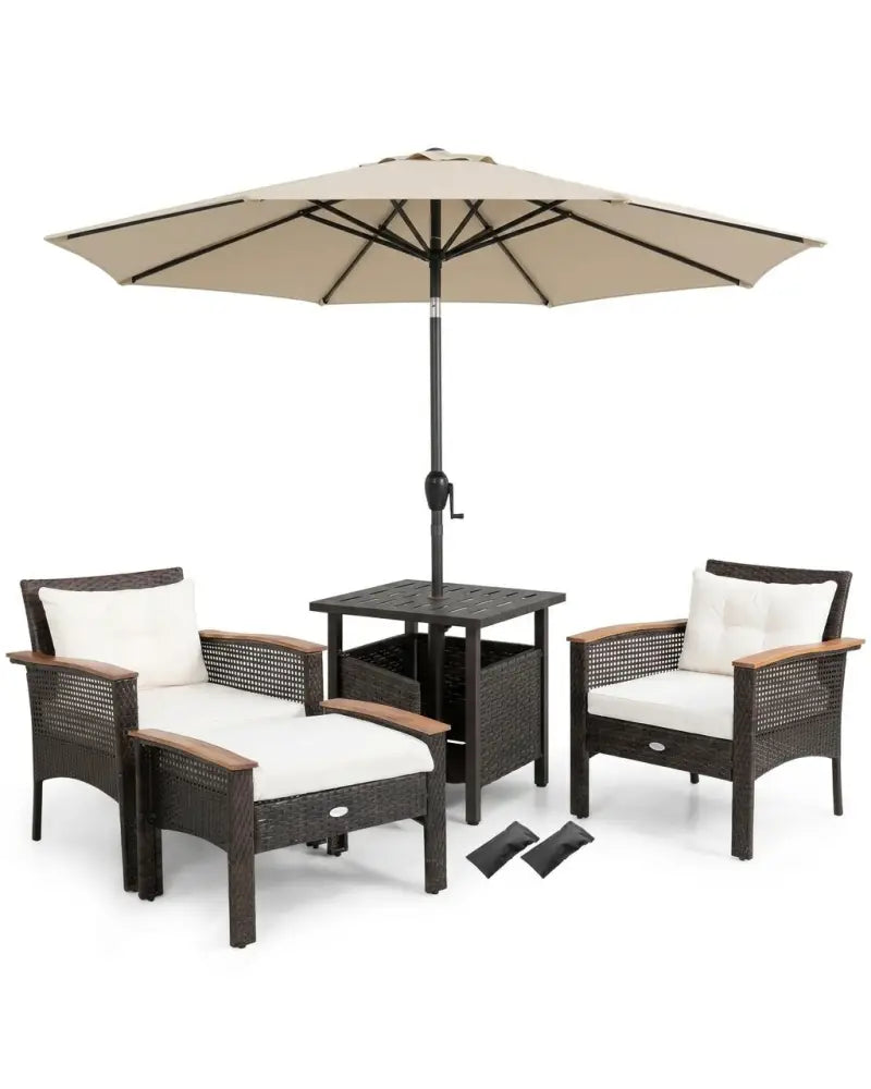 3-Piece Patio Lounge Bundle with 5-Piece PE Rattan Conversation Set Wicker Umbrella Side Table & 7.5 FT Tilt Market