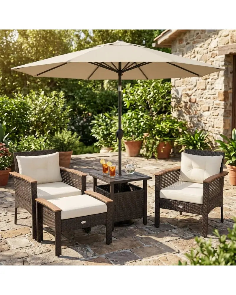 3-Piece Patio Lounge Bundle with 5-Piece PE Rattan Conversation Set Wicker Umbrella Side Table & 7.5 FT Tilt Market