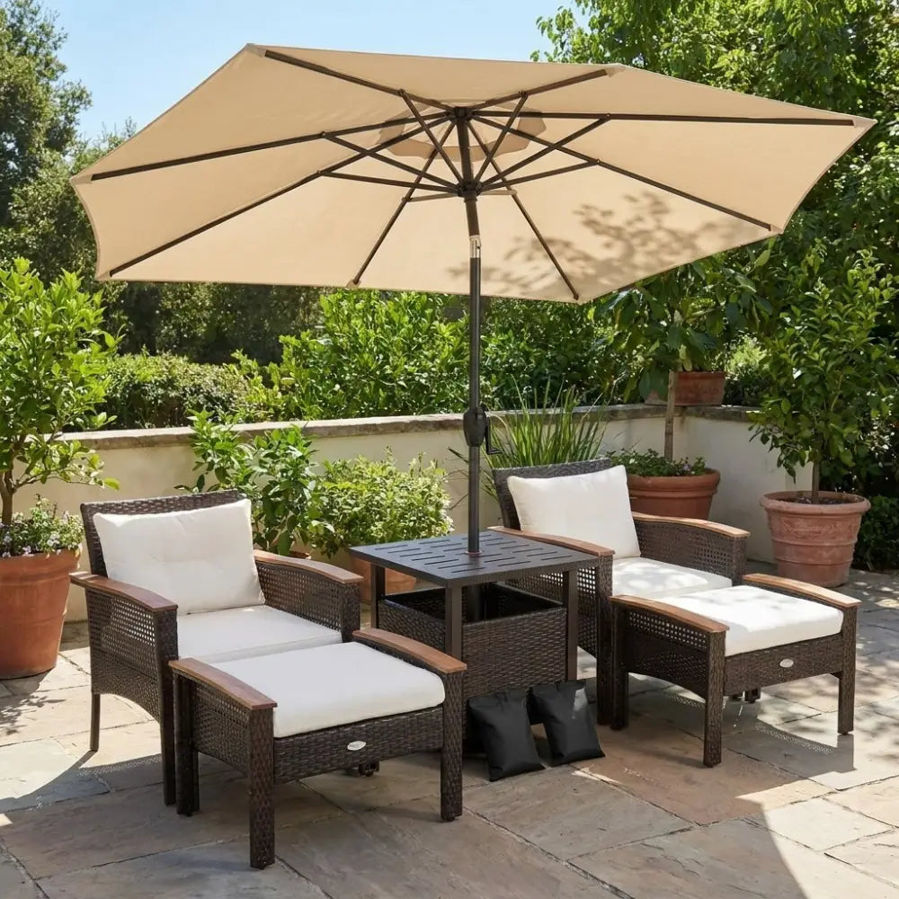 3-Piece Patio Lounge Bundle with 5-Piece PE Rattan Conversation Set Wicker Umbrella Side Table & 7.5 FT Tilt Market