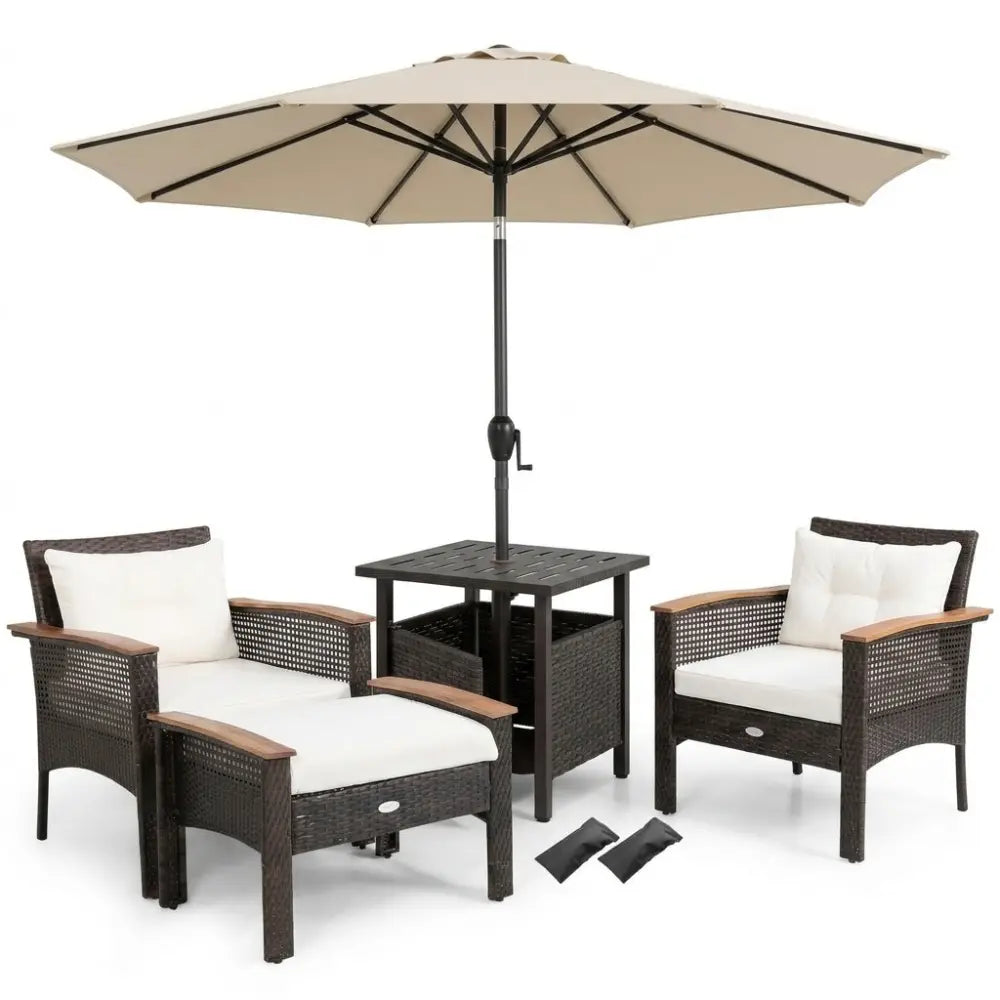 3-Piece Patio Lounge Bundle with 5-Piece PE Rattan Conversation Set Wicker Umbrella Side Table & 7.5 FT Tilt Market
