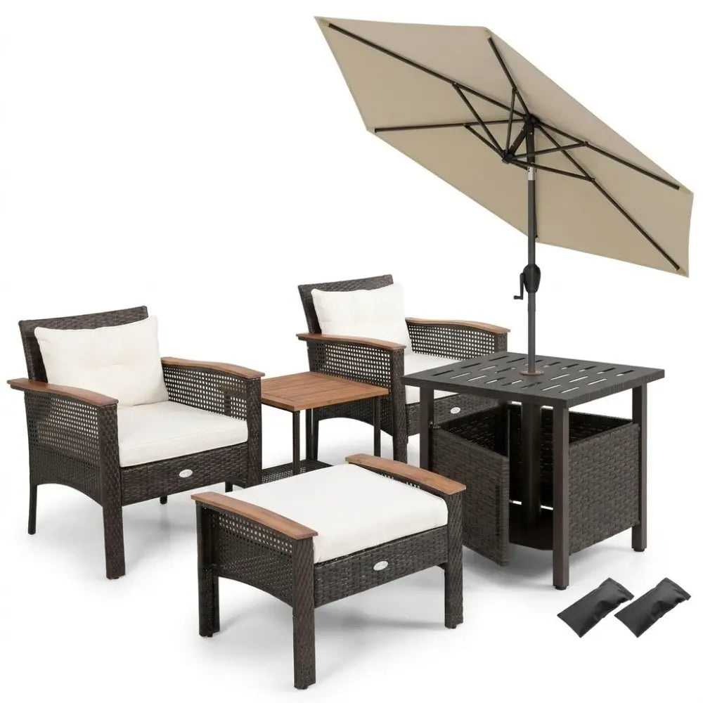 3-Piece Patio Lounge Bundle with 5-Piece PE Rattan Conversation Set Wicker Umbrella Side Table & 7.5 FT Tilt Market