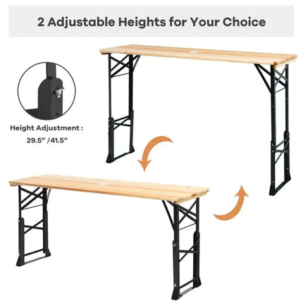 3-Piece Patio Picnic Table Set: Adjustable Wooden Picnic Table + Umbrella + Umbrella Base - Picnic Tables