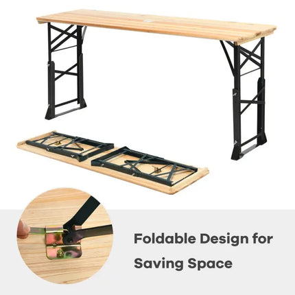 3-Piece Patio Picnic Table Set: Adjustable Wooden Picnic Table + Umbrella + Umbrella Base - Picnic Tables