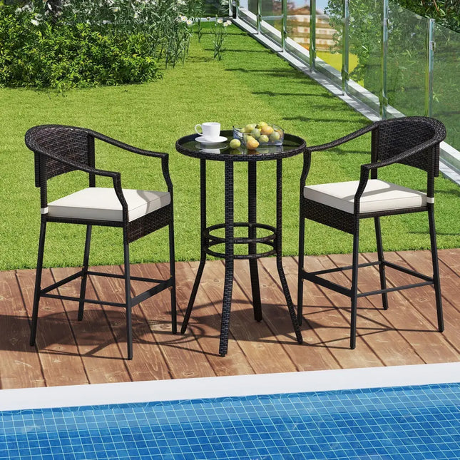 3-Piece Patio Rattan Bar Set with Tempered Glass Top for Backyard Poolside-Brown - Brown - Patio Bar Furniture