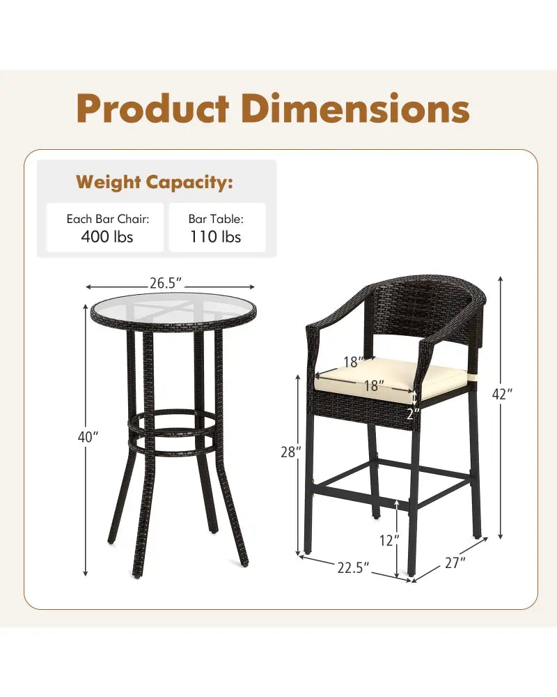 3-Piece Patio Rattan Bar Set with Tempered Glass Top for Backyard Poolside-Brown - Brown - Patio Bar Furniture
