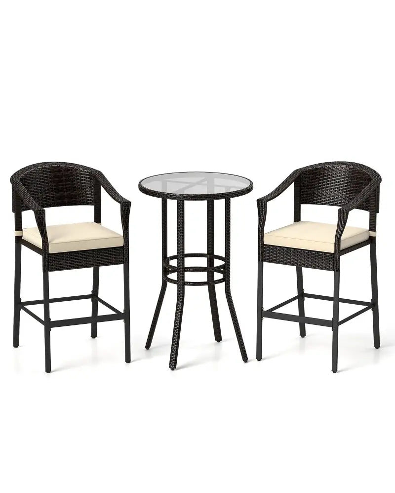 3-Piece Patio Rattan Bar Set with Tempered Glass Top for Backyard Poolside-Brown - Brown - Patio Bar Furniture