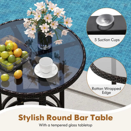 3-Piece Patio Rattan Bar Set with Tempered Glass Top for Backyard Poolside-Brown - Brown - Patio Bar Furniture