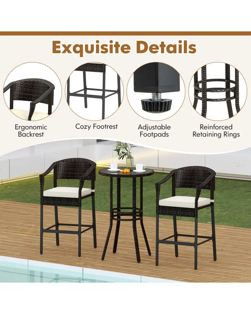 3-Piece Patio Rattan Bar Set with Tempered Glass Top for Backyard Poolside-Brown - Brown - Patio Bar Furniture