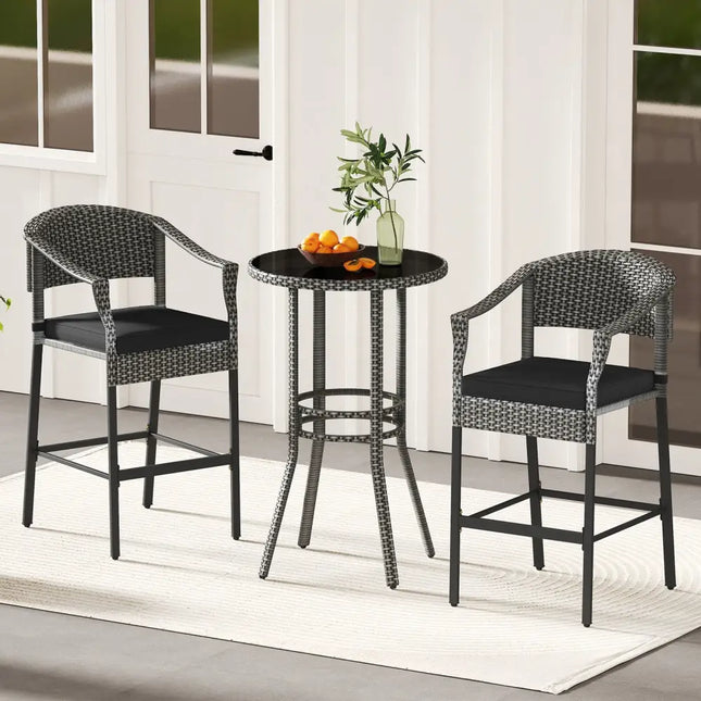 3-Piece Patio Rattan Bar Set with Tempered Glass Top for Backyard Poolside-Gray - Gray - Patio Bar Furniture