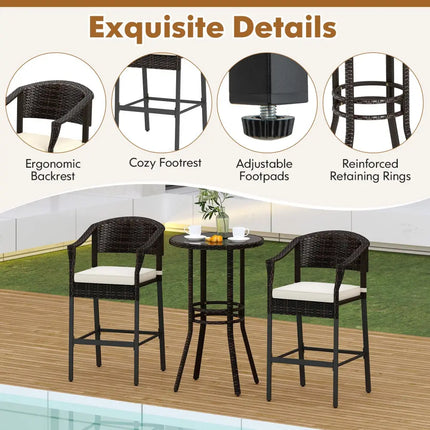 3-Piece Patio Rattan Bar Set with Tempered Glass Top for Backyard Poolside-Brown - Brown - Patio Bar Furniture