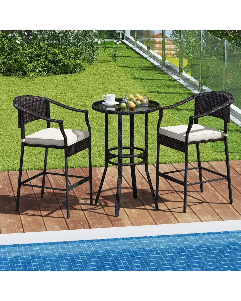 3-Piece Patio Rattan Bar Set with Tempered Glass Top for Backyard Poolside-Brown - Brown - Patio Bar Furniture