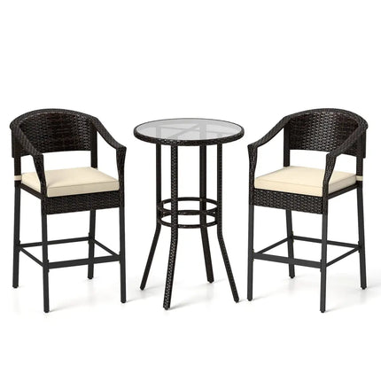 3-Piece Patio Rattan Bar Set with Tempered Glass Top for Backyard Poolside-Brown - Brown - Patio Bar Furniture