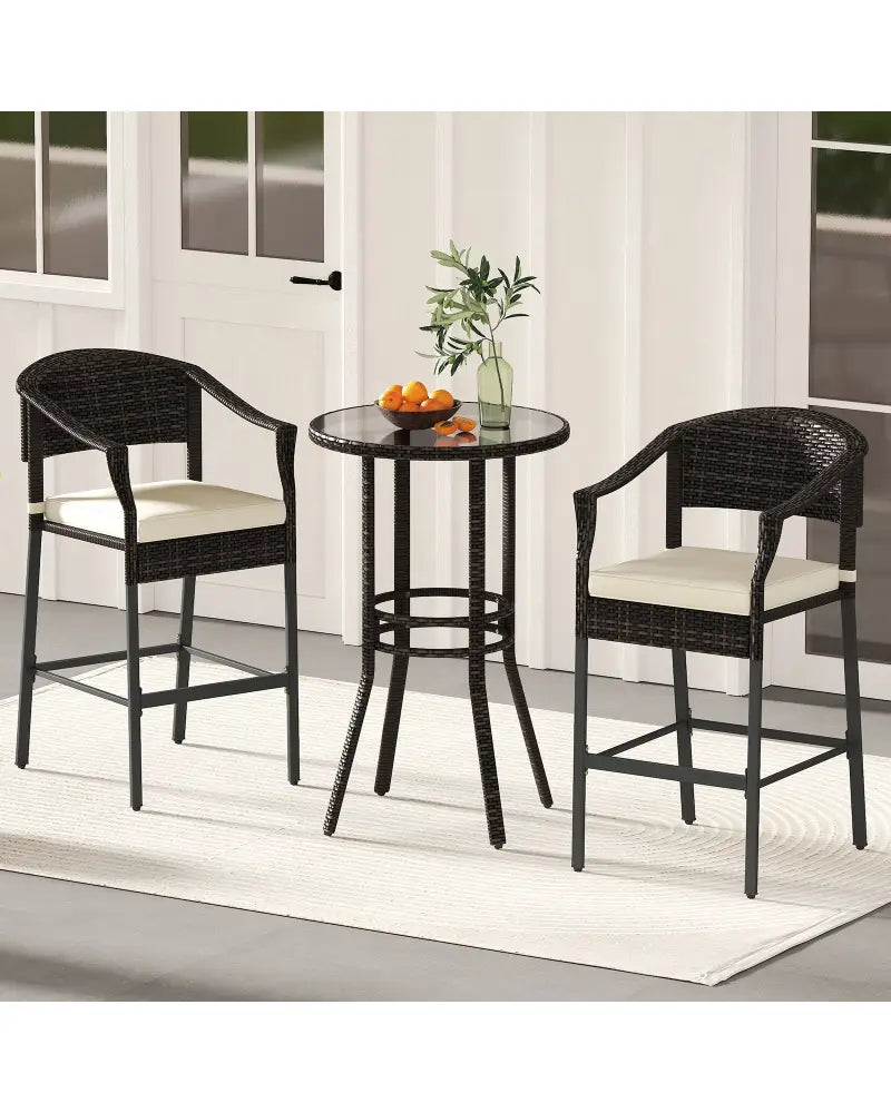 3-Piece Patio Rattan Bar Set with Tempered Glass Top for Backyard Poolside-Brown - Brown - Patio Bar Furniture