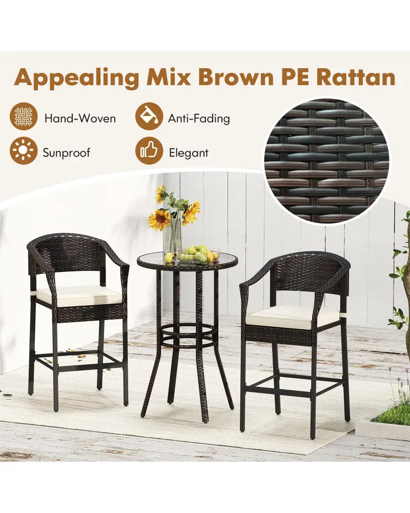 3-Piece Patio Rattan Bar Set with Tempered Glass Top for Backyard Poolside-Brown - Brown - Patio Bar Furniture