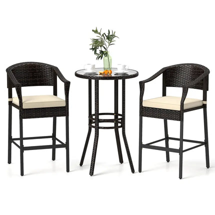 3-Piece Patio Rattan Bar Set with Tempered Glass Top for Backyard Poolside-Brown - Brown - Patio Bar Furniture