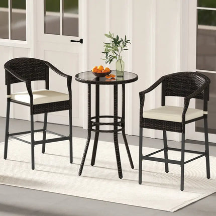 3-Piece Patio Rattan Bar Set with Tempered Glass Top for Backyard Poolside-Brown - Brown - Patio Bar Furniture