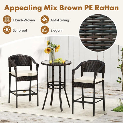 3-Piece Patio Rattan Bar Set with Tempered Glass Top for Backyard Poolside-Brown - Brown - Patio Bar Furniture