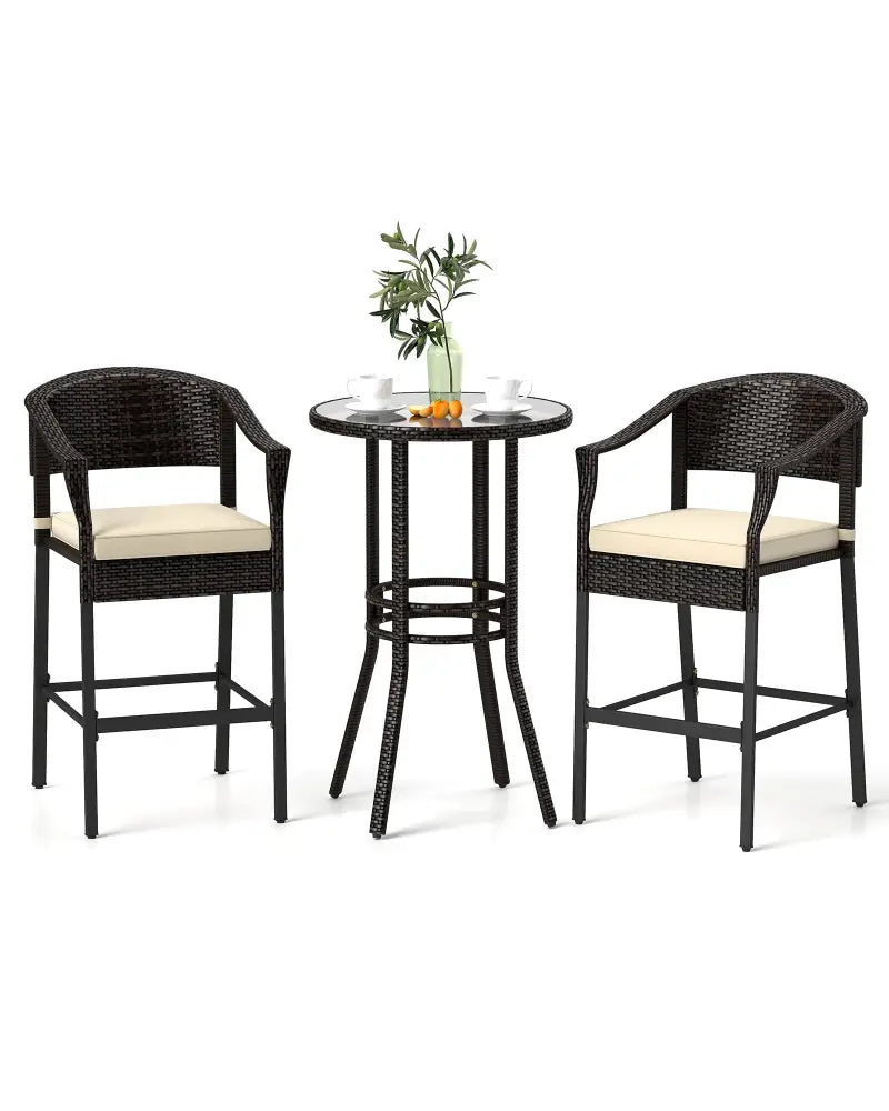 3-Piece Patio Rattan Bar Set with Tempered Glass Top for Backyard Poolside-Brown - Brown - Patio Bar Furniture