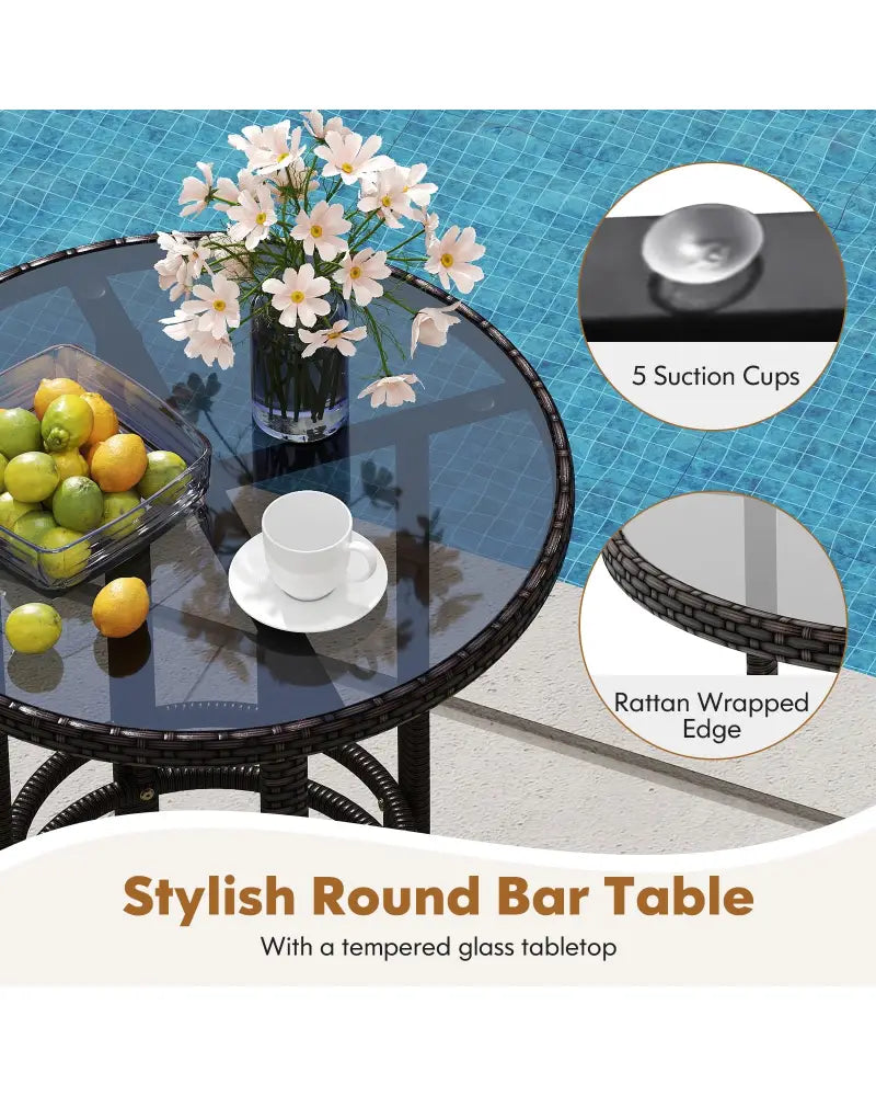 3-Piece Patio Rattan Bar Set with Tempered Glass Top for Backyard Poolside-Brown - Brown - Patio Bar Furniture