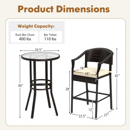 3-Piece Patio Rattan Bar Set with Tempered Glass Top for Backyard Poolside-Brown - Brown - Patio Bar Furniture