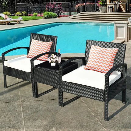 3 Piece Patio Rattan Furniture Set Sofa Cushioned Table Garden - White - Patio Conversation Sets