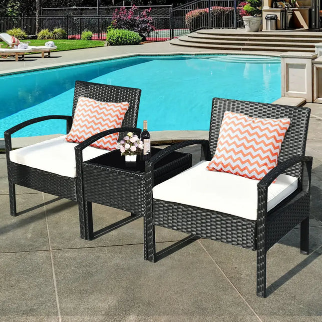 3 Piece Patio Rattan Furniture Set Sofa Cushioned Table Garden - White - Patio Conversation Sets
