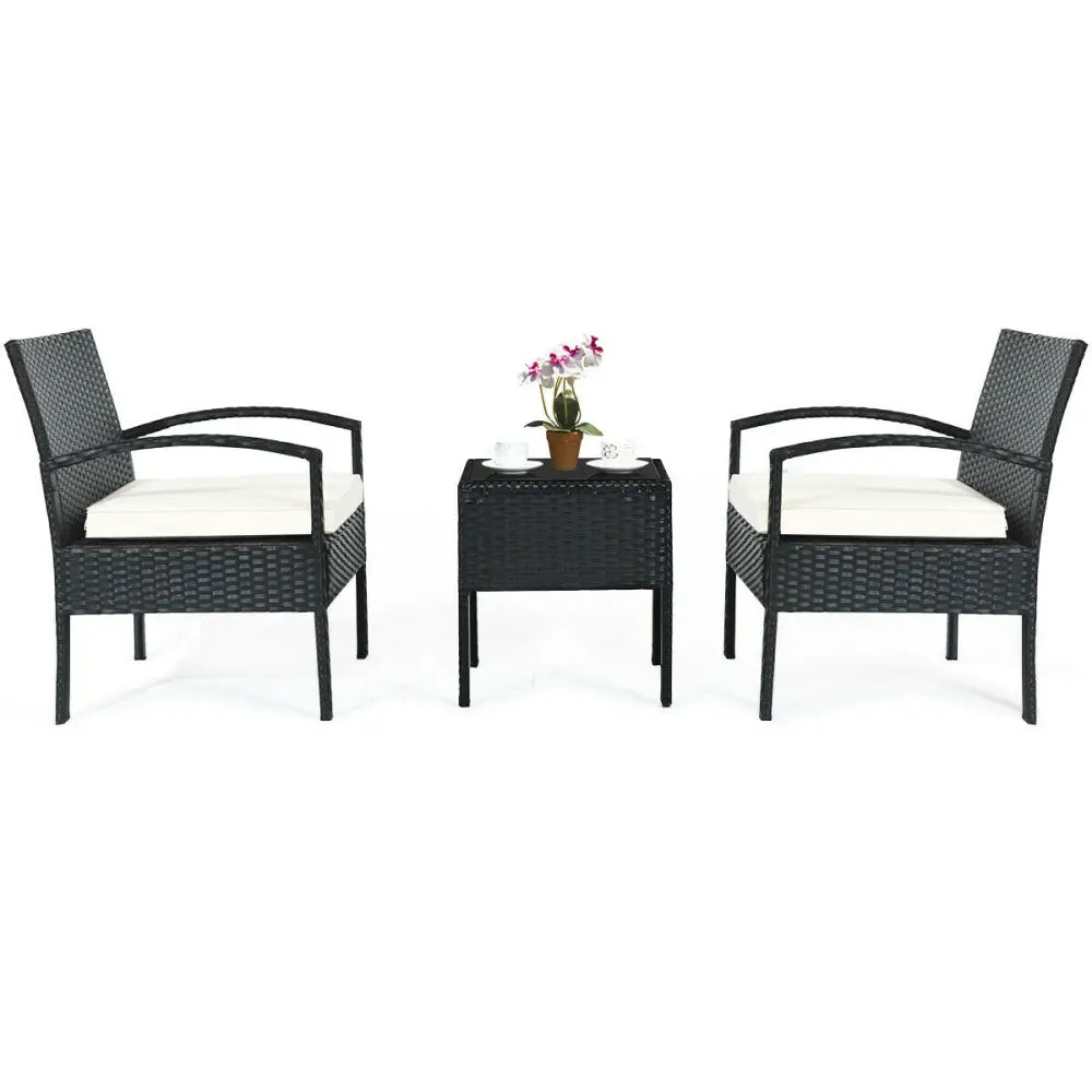 3 Piece Patio Rattan Furniture Set Sofa Cushioned Table Garden - White - Patio Conversation Sets