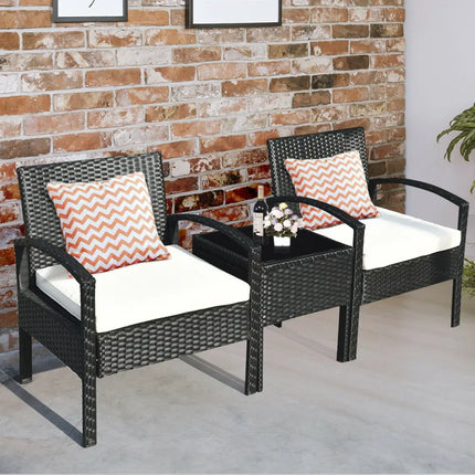 3 Piece Patio Rattan Furniture Set Sofa Cushioned Table Garden - White - Patio Conversation Sets