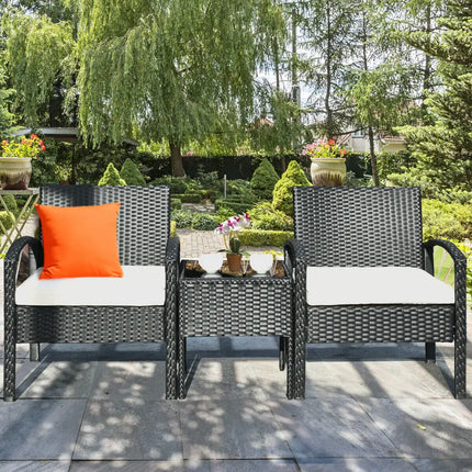 3 Piece Patio Rattan Furniture Set Sofa Cushioned Table Garden - White - Patio Conversation Sets