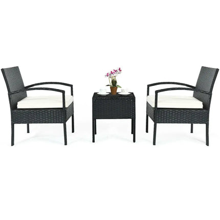 3 Piece Patio Rattan Furniture Set Sofa Cushioned Table Garden - White - Patio Conversation Sets