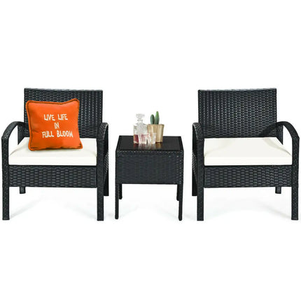 3 Piece Patio Rattan Furniture Set Sofa Cushioned Table Garden - White - Patio Conversation Sets