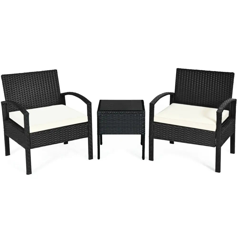 3 Piece Patio Rattan Furniture Set Sofa Cushioned Table Garden - White - Patio Conversation Sets