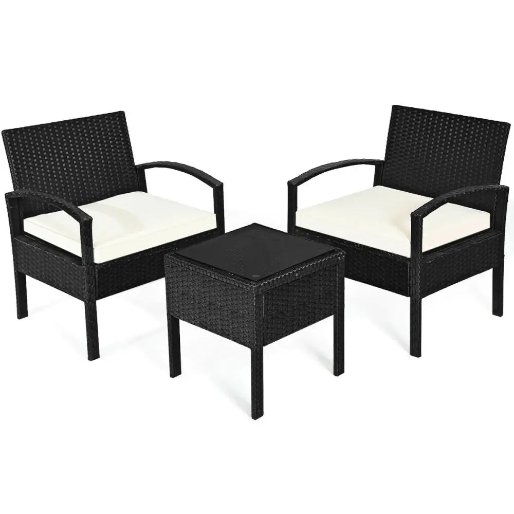 3 Piece Patio Rattan Furniture Set Sofa Cushioned Table Garden - White - Patio Conversation Sets