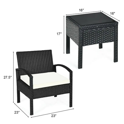3 Piece Patio Rattan Furniture Set Sofa Cushioned Table Garden - White - Patio Conversation Sets