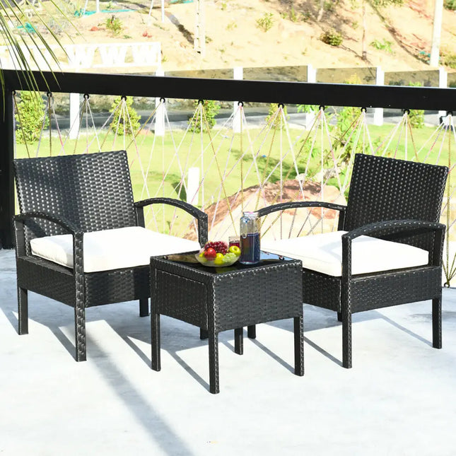 3 Piece Patio Rattan Furniture Set Sofa Cushioned Table Garden - White - Patio Conversation Sets