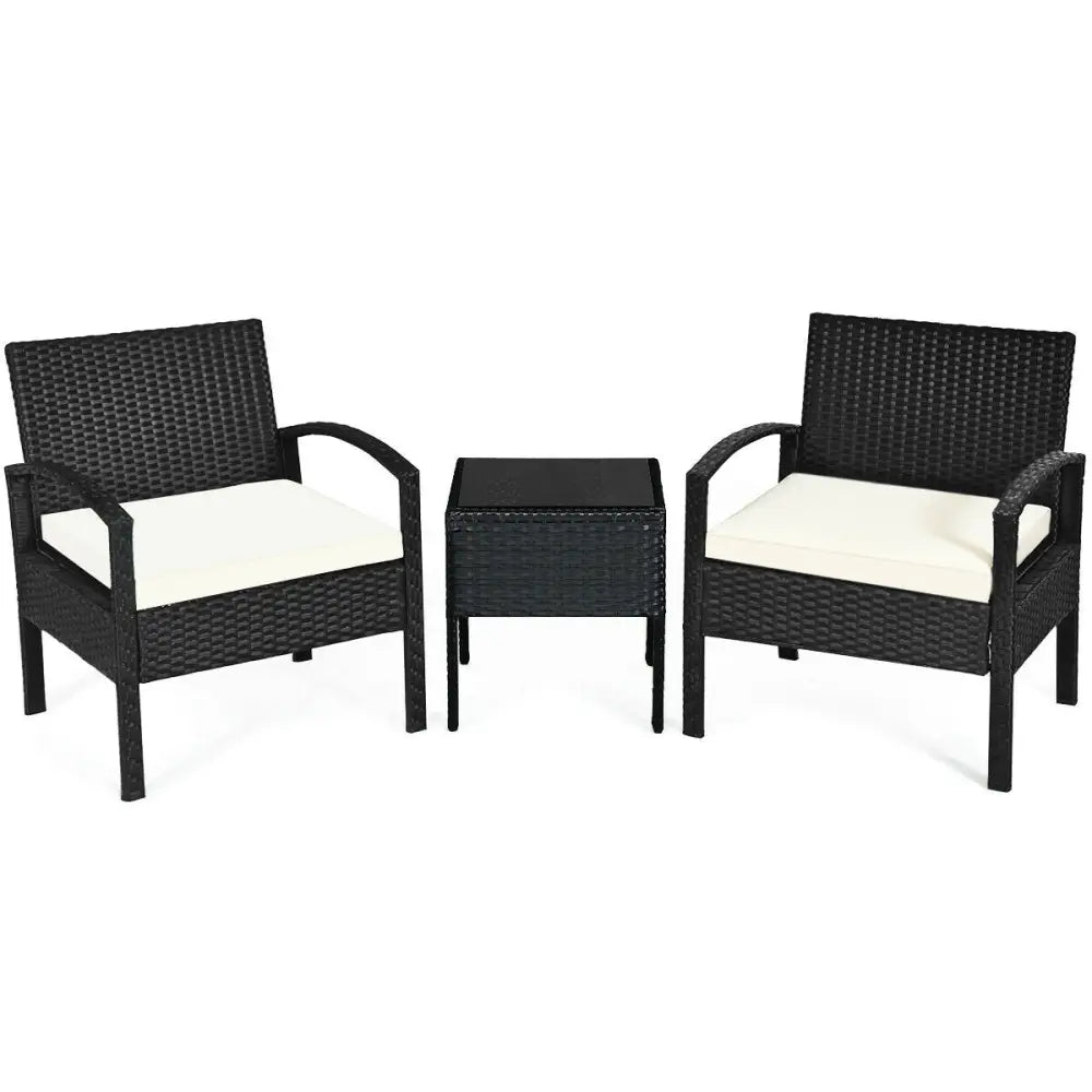 3 Piece Patio Rattan Furniture Set Sofa Cushioned Table Garden - White - Patio Conversation Sets