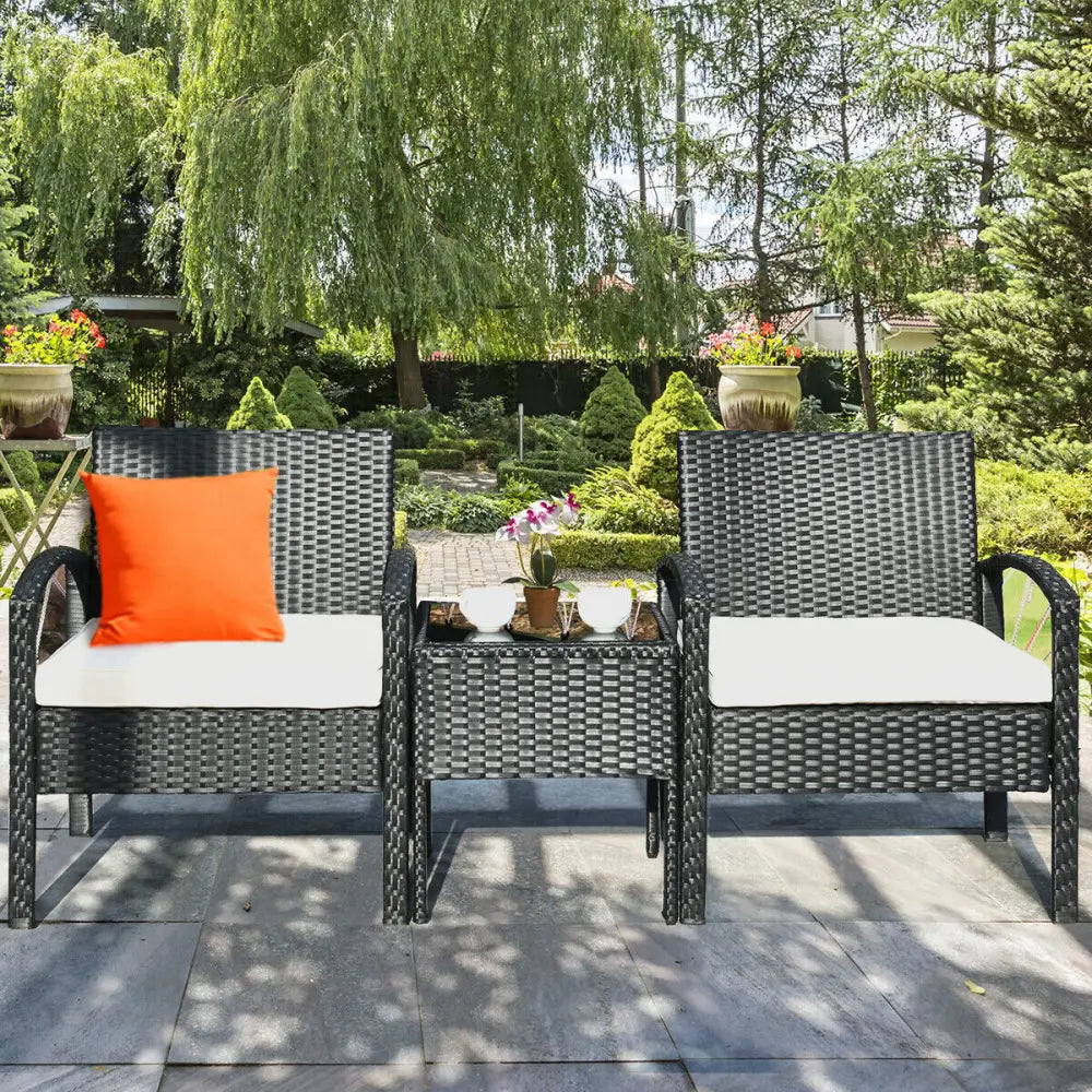 3 Piece Patio Rattan Furniture Set Sofa Cushioned Table Garden - White - Patio Conversation Sets