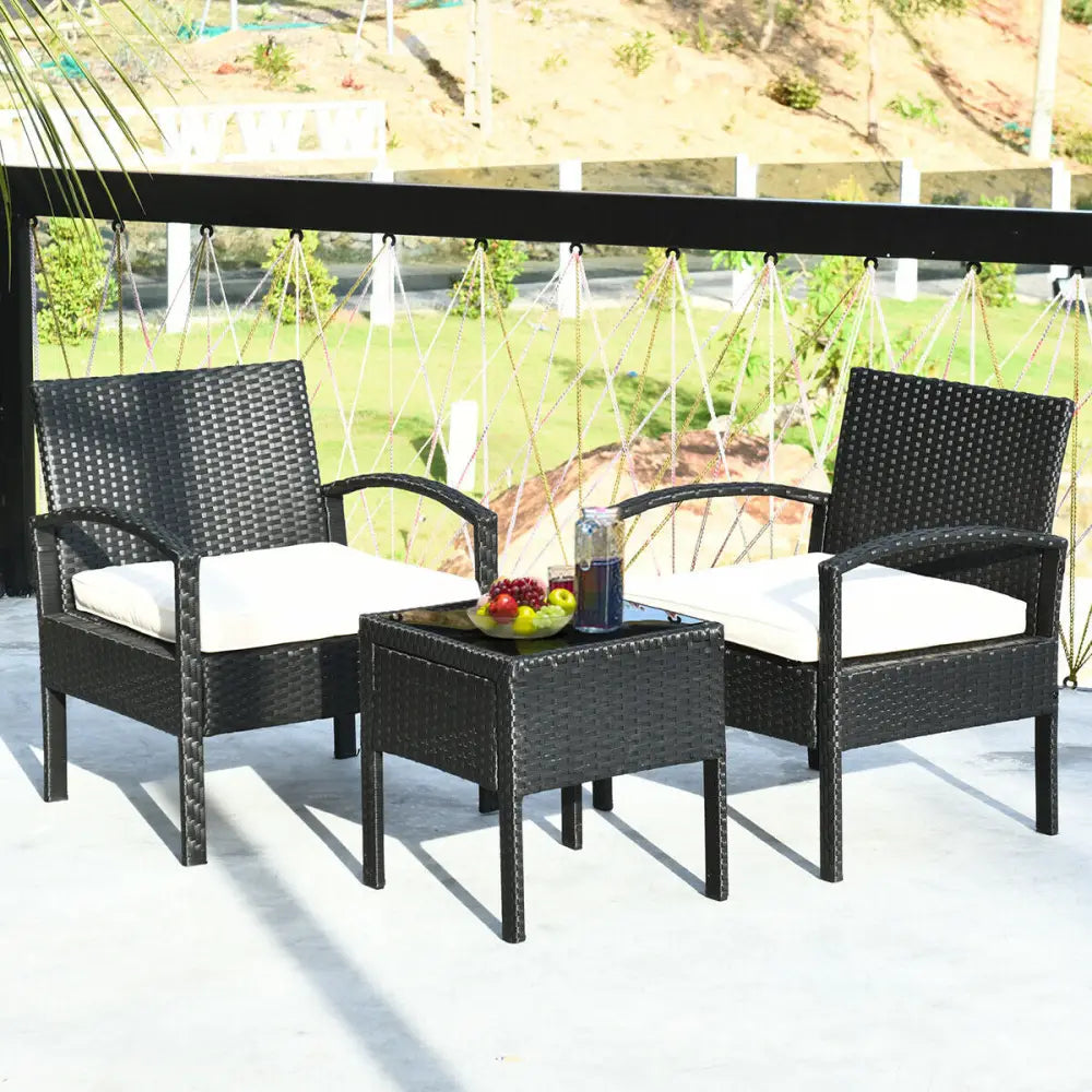 3 Piece Patio Rattan Furniture Set Sofa Cushioned Table Garden - White - Patio Conversation Sets