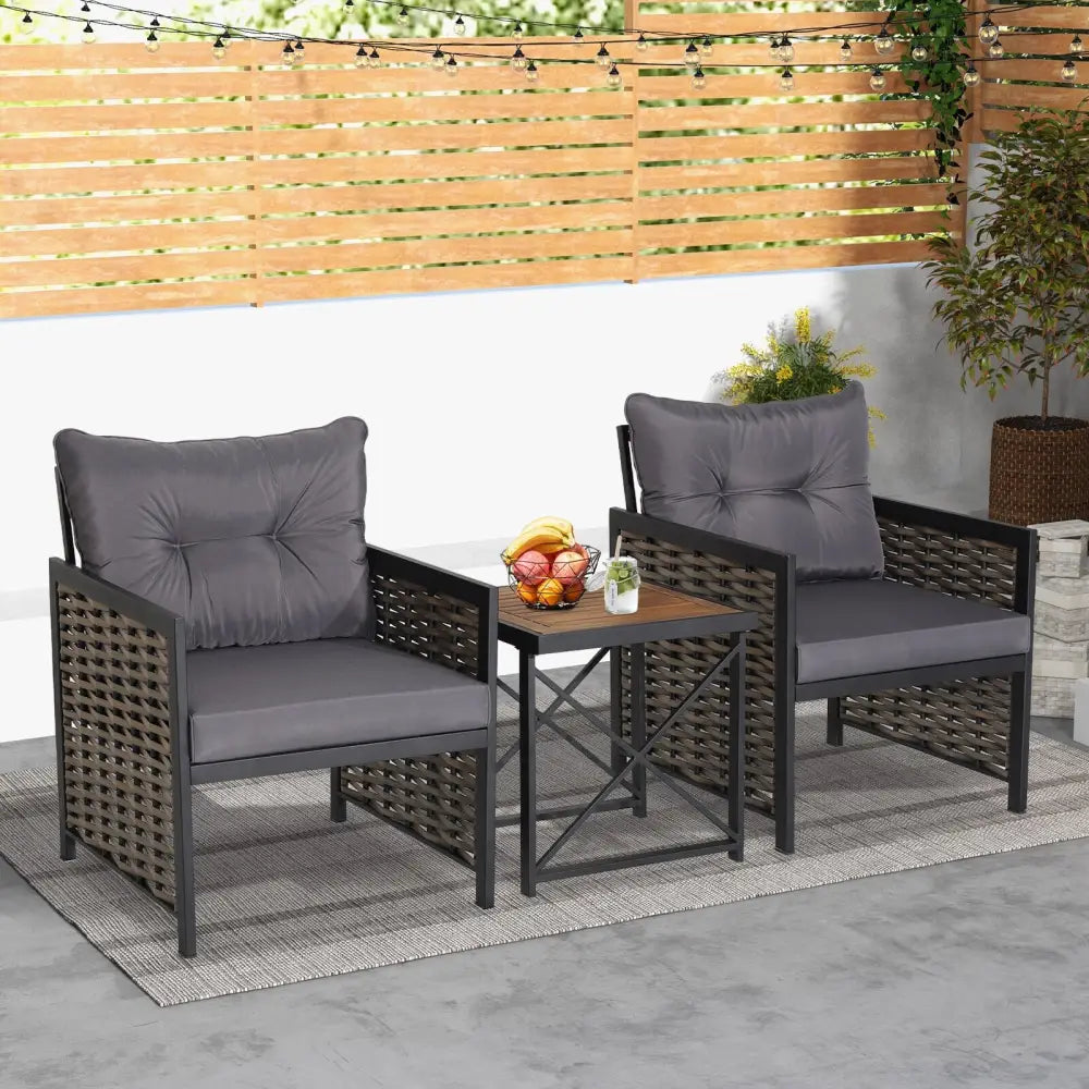 3 Piece Patio Rattan Furniture Set with Acacia Wood Tabletop-Gray - Gray - Patio Conversation Sets