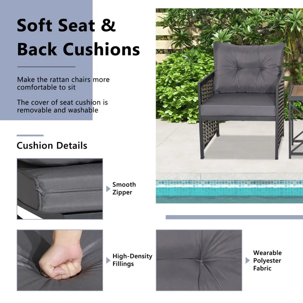 3 Piece Patio Rattan Furniture Set with Acacia Wood Tabletop-Gray - Gray - Patio Conversation Sets