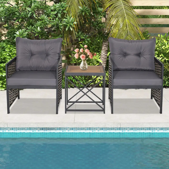 3 Piece Patio Rattan Furniture Set with Acacia Wood Tabletop-Gray - Gray - Patio Conversation Sets