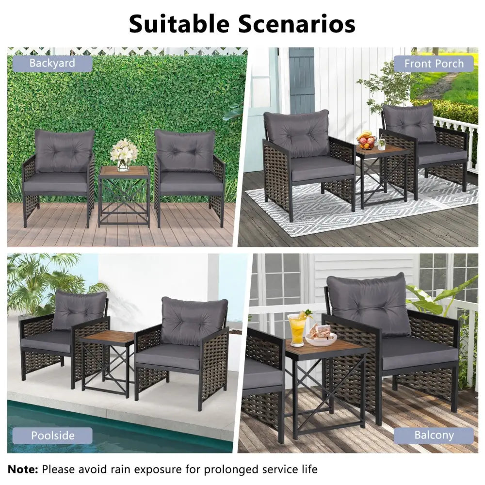 3 Piece Patio Rattan Furniture Set with Acacia Wood Tabletop-Gray - Gray - Patio Conversation Sets