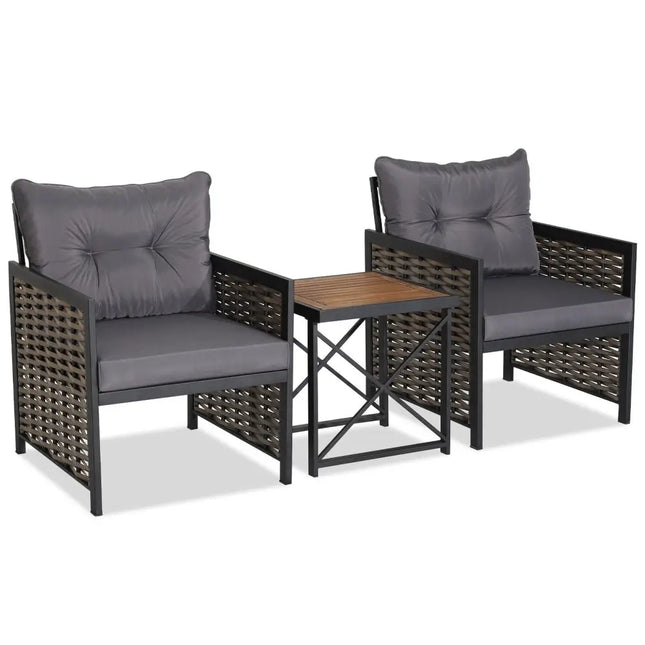 3 Piece Patio Rattan Furniture Set with Acacia Wood Tabletop-Gray - Gray - Patio Conversation Sets