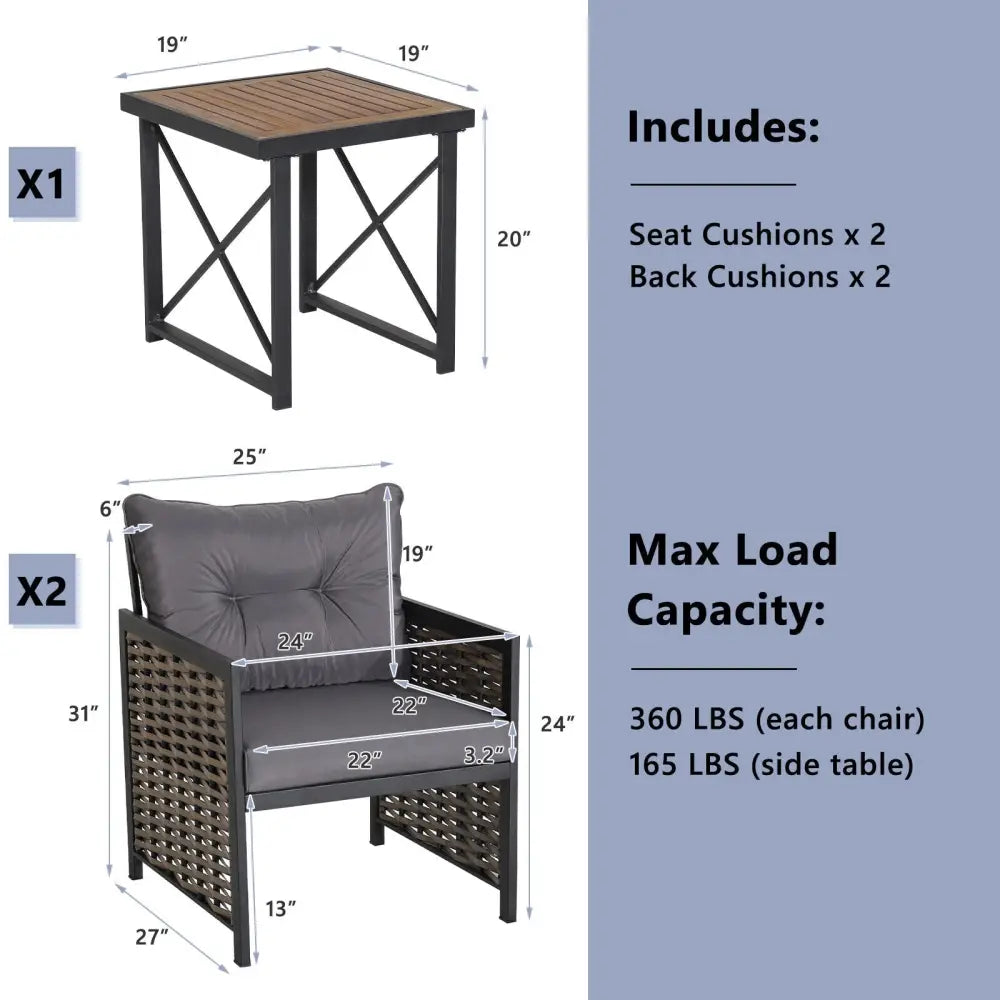 3 Piece Patio Rattan Furniture Set with Acacia Wood Tabletop-Gray - Gray - Patio Conversation Sets
