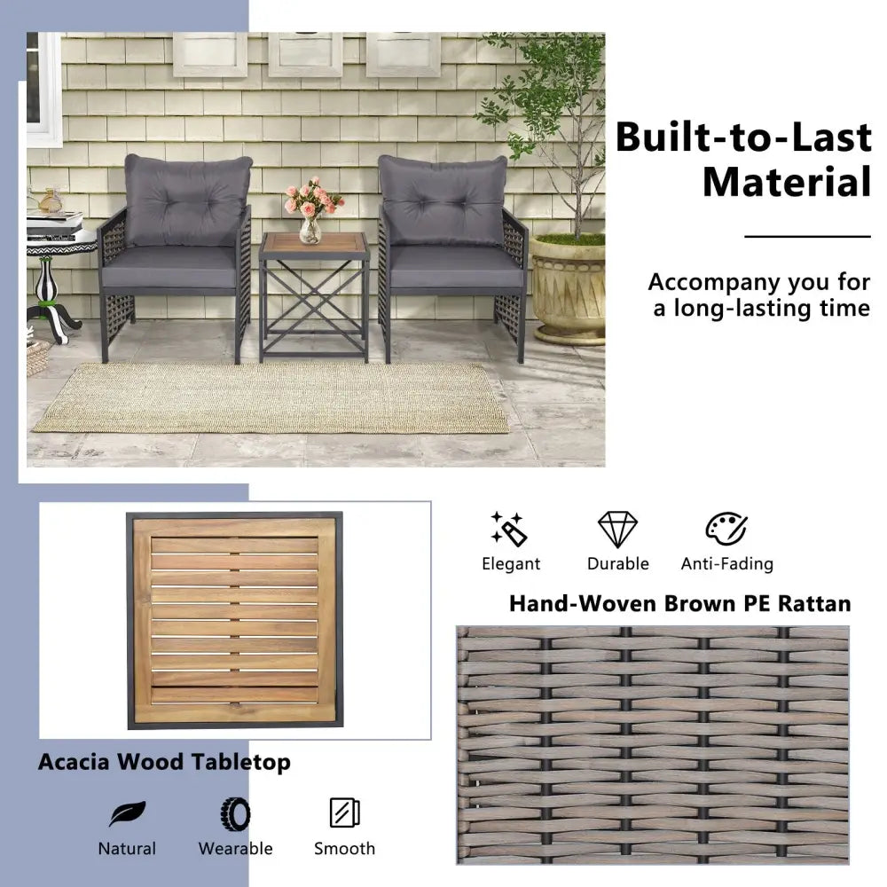 3 Piece Patio Rattan Furniture Set with Acacia Wood Tabletop-Gray - Gray - Patio Conversation Sets