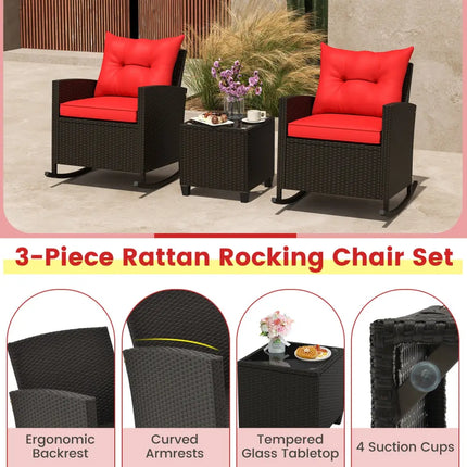 3-Piece Patio Rattan Roker Chairs with Tempered Glass Table and Soft Cushions-Red - Red - Patio Conversation Sets