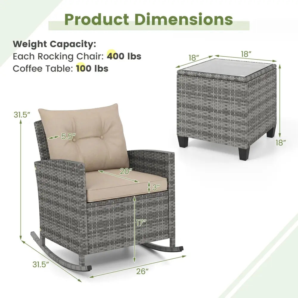 3-Piece Patio Rattan Roker Chairs with Tempered Glass Table and Soft Cushions-Yellow - Yellow - Patio Conversation Sets