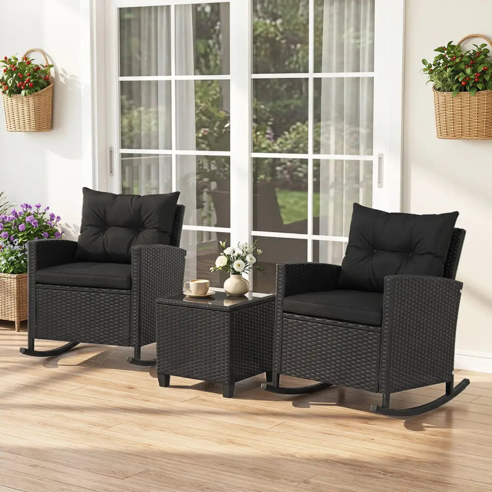 3-Piece Patio Rattan Roker Chairs with Tempered Glass Table and Soft Cushions-Black & Brown - Patio Conversation Sets