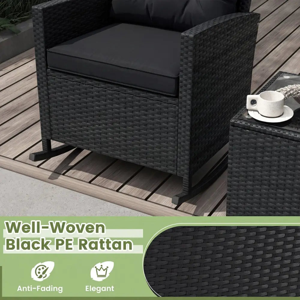 3-Piece Patio Rattan Roker Chairs with Tempered Glass Table and Soft Cushions-Black & Brown - Patio Conversation Sets
