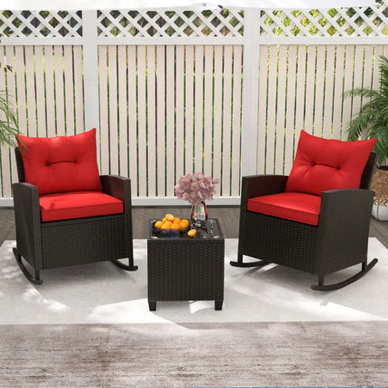 3-Piece Patio Rattan Roker Chairs with Tempered Glass Table and Soft Cushions-Red - Red - Patio Conversation Sets